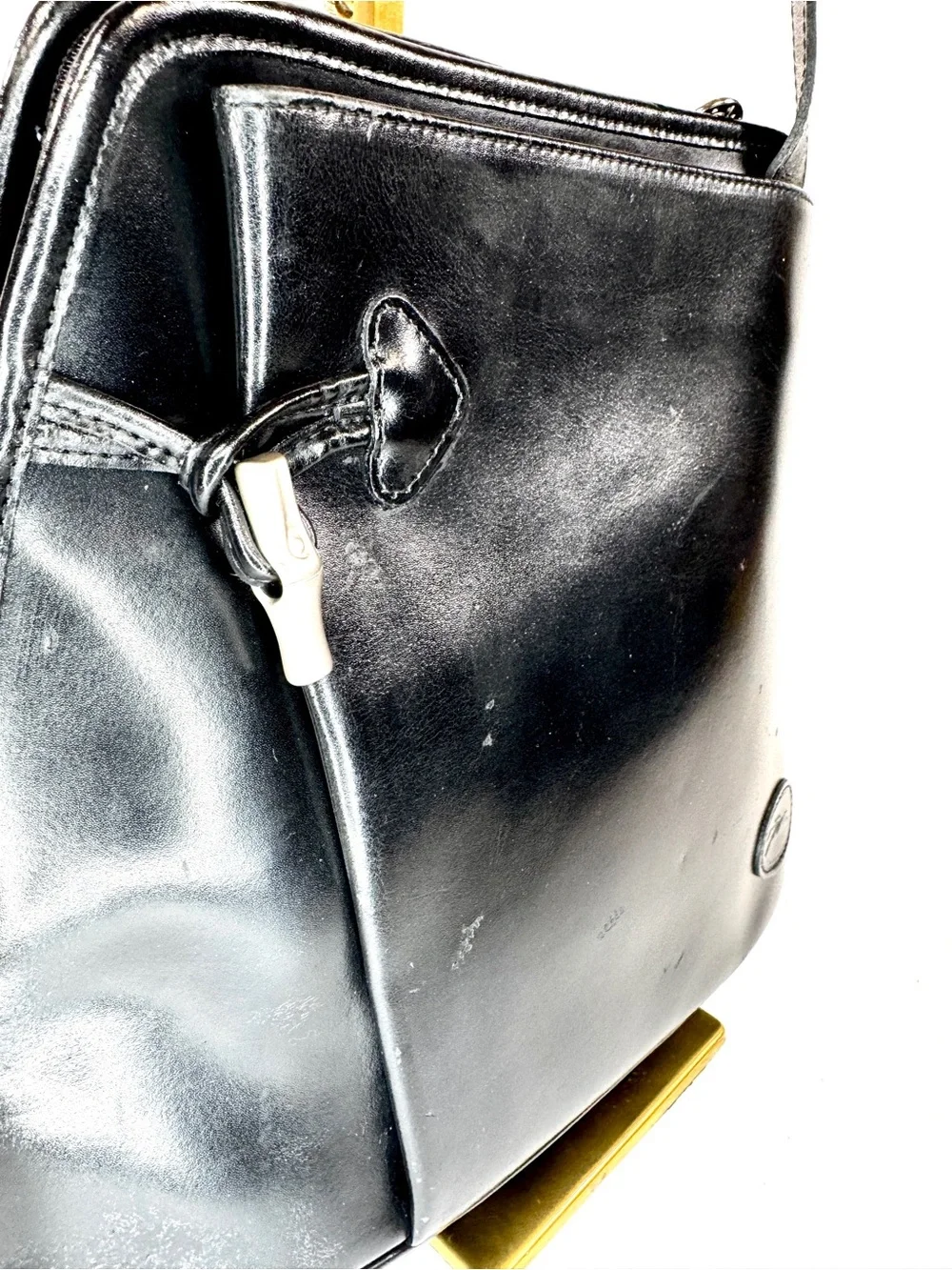 VTG Longchamp Roseau Trapezoid Bucket Shoulder Bag Black Leather France 90s